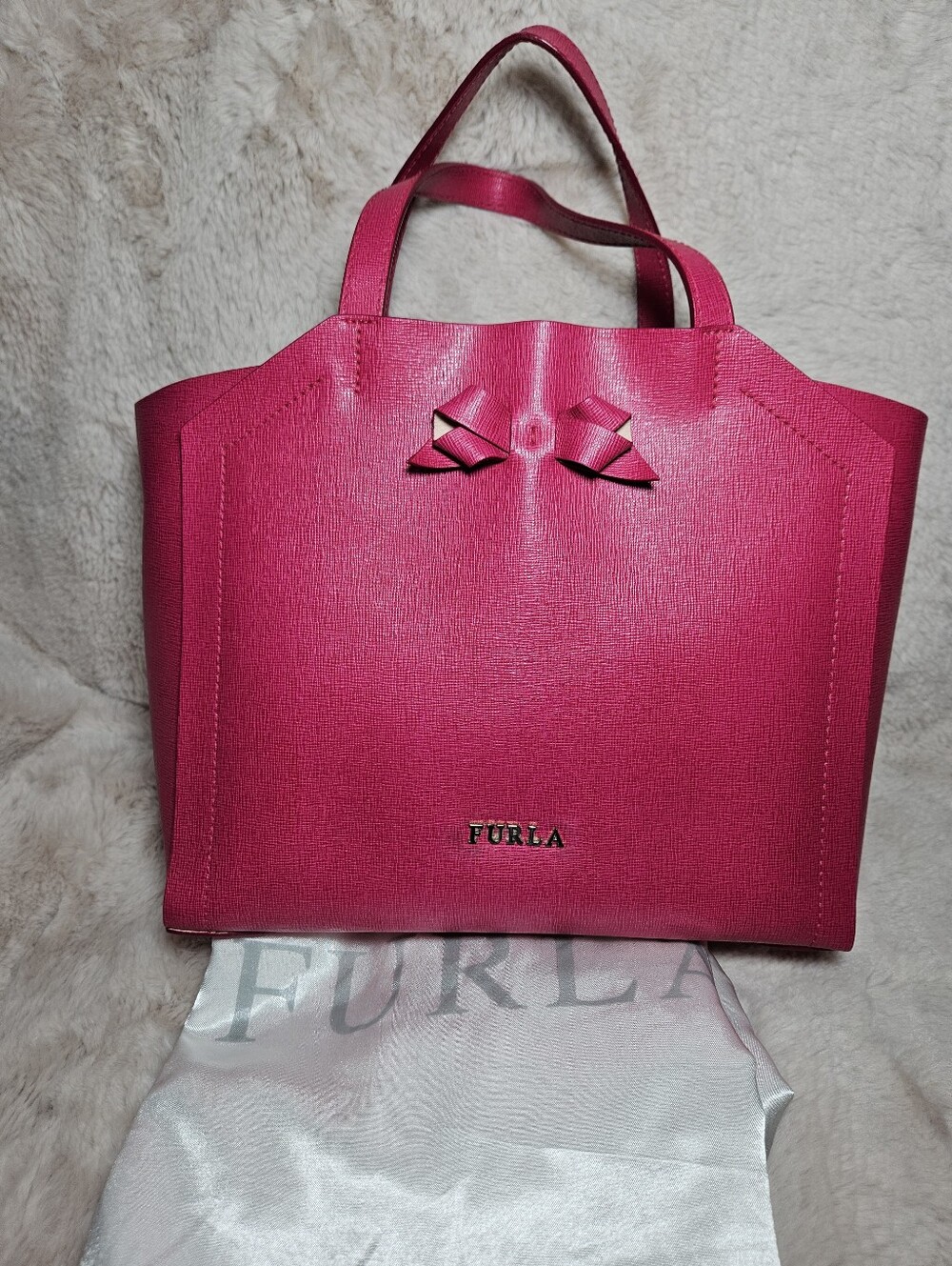 Furla Hot Pink Small Leather Tote with Bow Accent And Dustbag